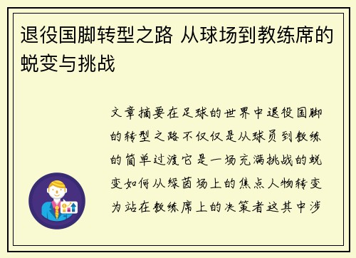 退役国脚转型之路 从球场到教练席的蜕变与挑战 退役国脚转型之路 从球场到教练席的蜕变与挑战