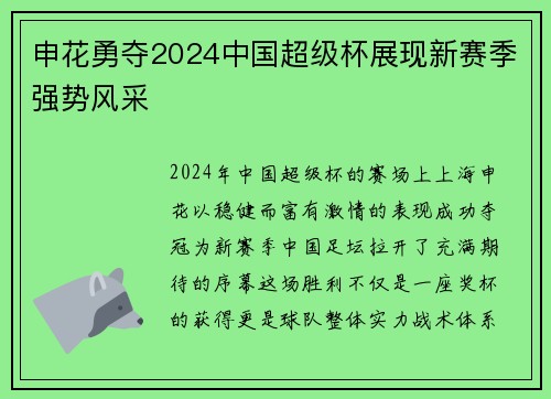 申花勇夺2024中国超级杯展现新赛季强势风采
